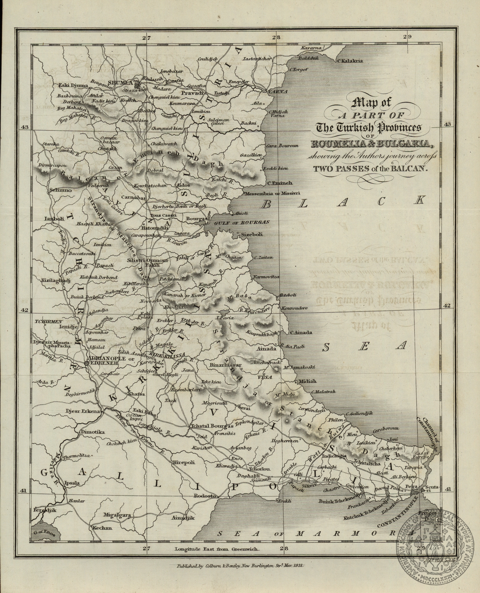 Map of a part of the Turkish Provinces of Roumenia and Bulgaria showing the authors journey across Two Passes of the Balkan